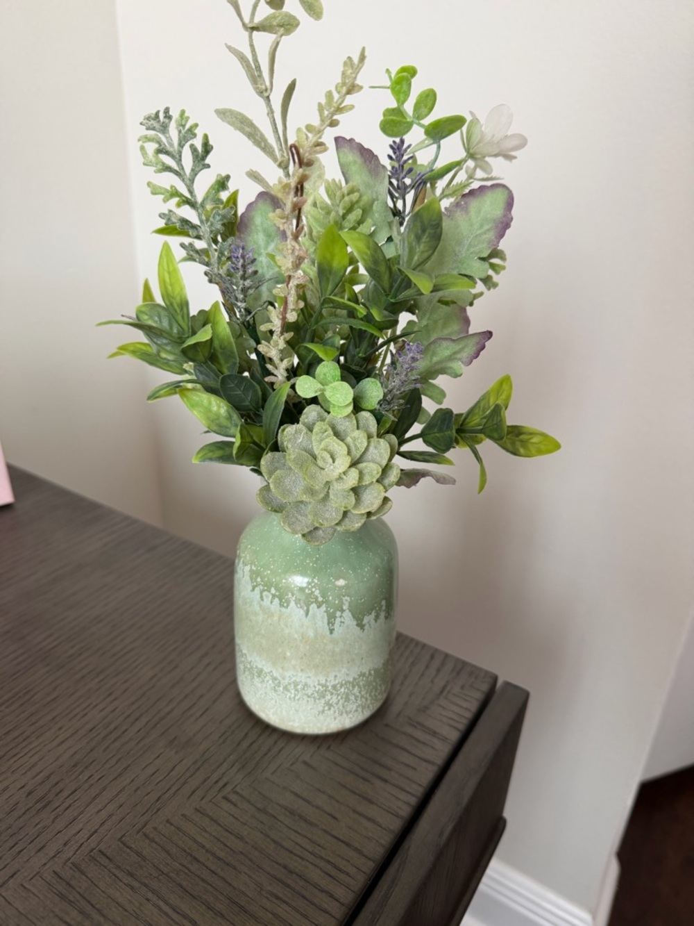 Green Ceramic Vase with Faux Succulent Arrangement